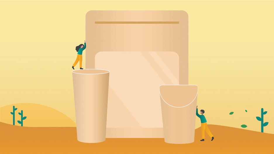 Illustration of people next to giant natural cups.